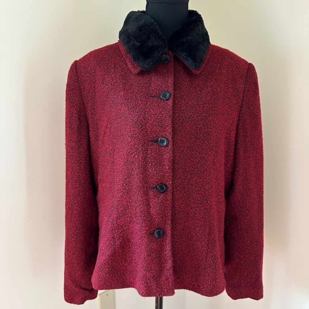 **KAREN SCOTT* Red x Black Long Sleeve Button Down Fur Collar Jacket Size 16